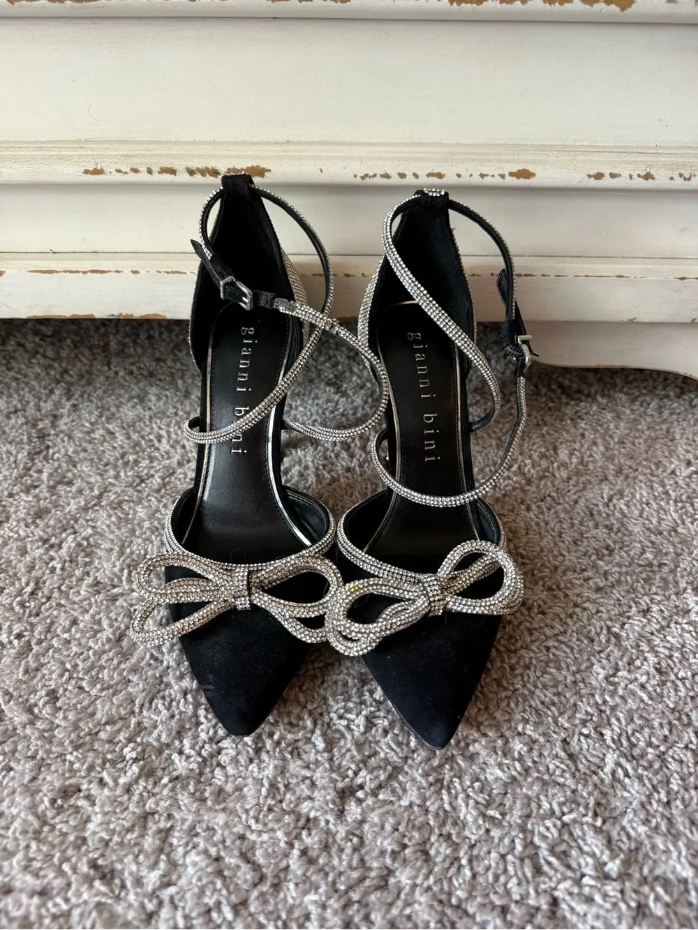 Gianni Bini Black Pointed Toe Heels with Silver Crystal Bow Straps